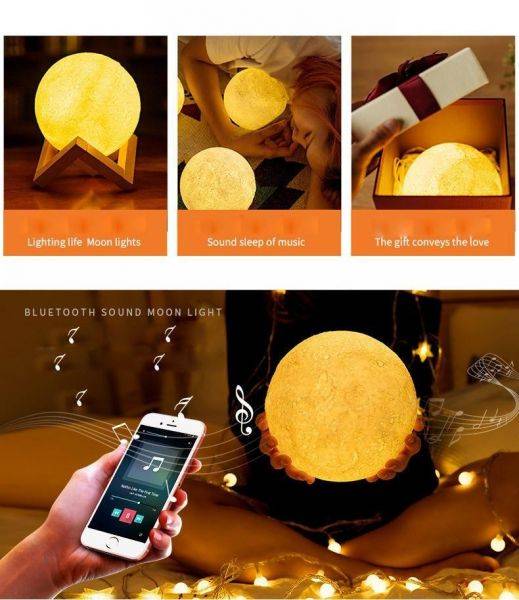 Moon Model 3d rechargeable led Luminous with built in bluetooth speaker multi colors Touch and remote control