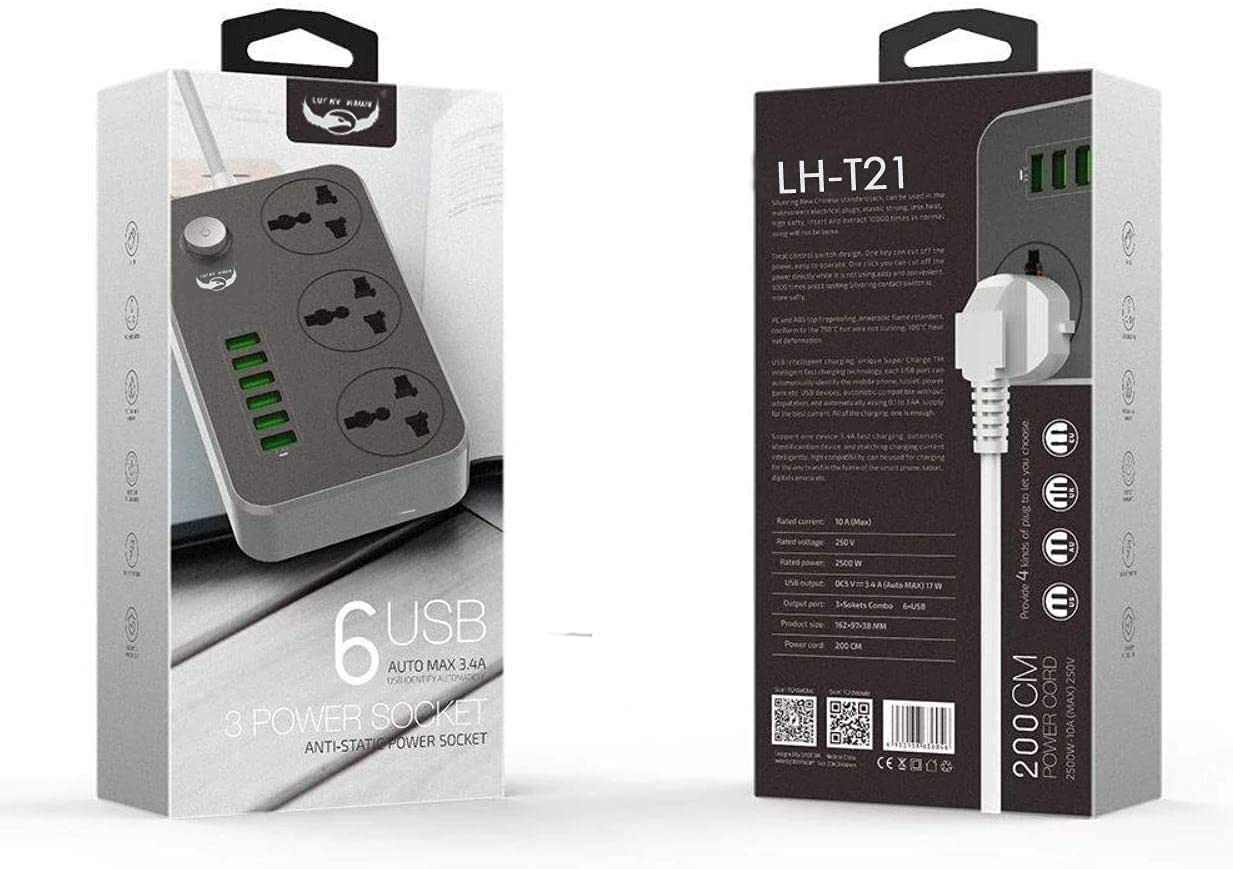 Power Strip Surge Protector with 3 Universal International Socket & Smart 6 USB Charging Ports 3.4A