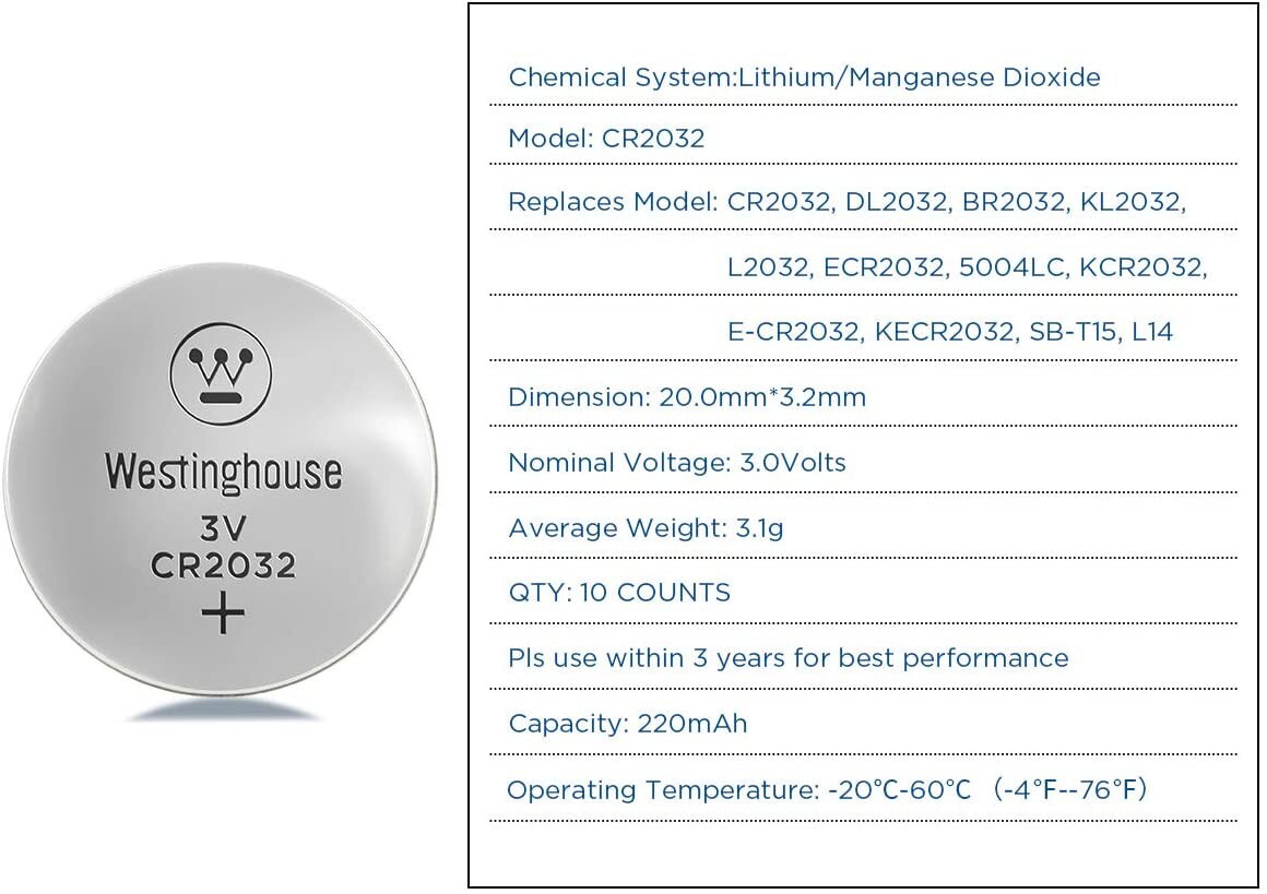Westinghouse CR2032 Lithium Coin Battery 3V (1PCS) – High-Capacity Power