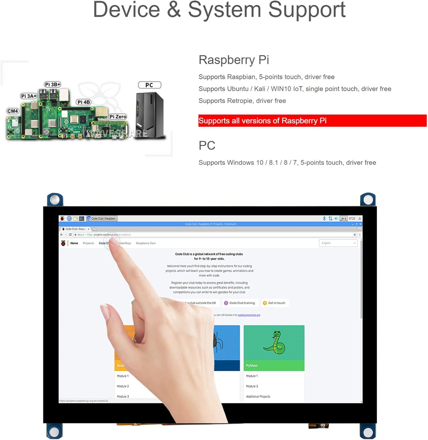 5 inch 800x480 TFT display for Raspberry Pi, HDMI, capacitive touch