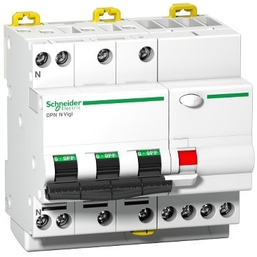 Schneider A9D31725 | Acti9 current breaker (RCBO). 3P+N circuit breaker with 3 protected poles,25A