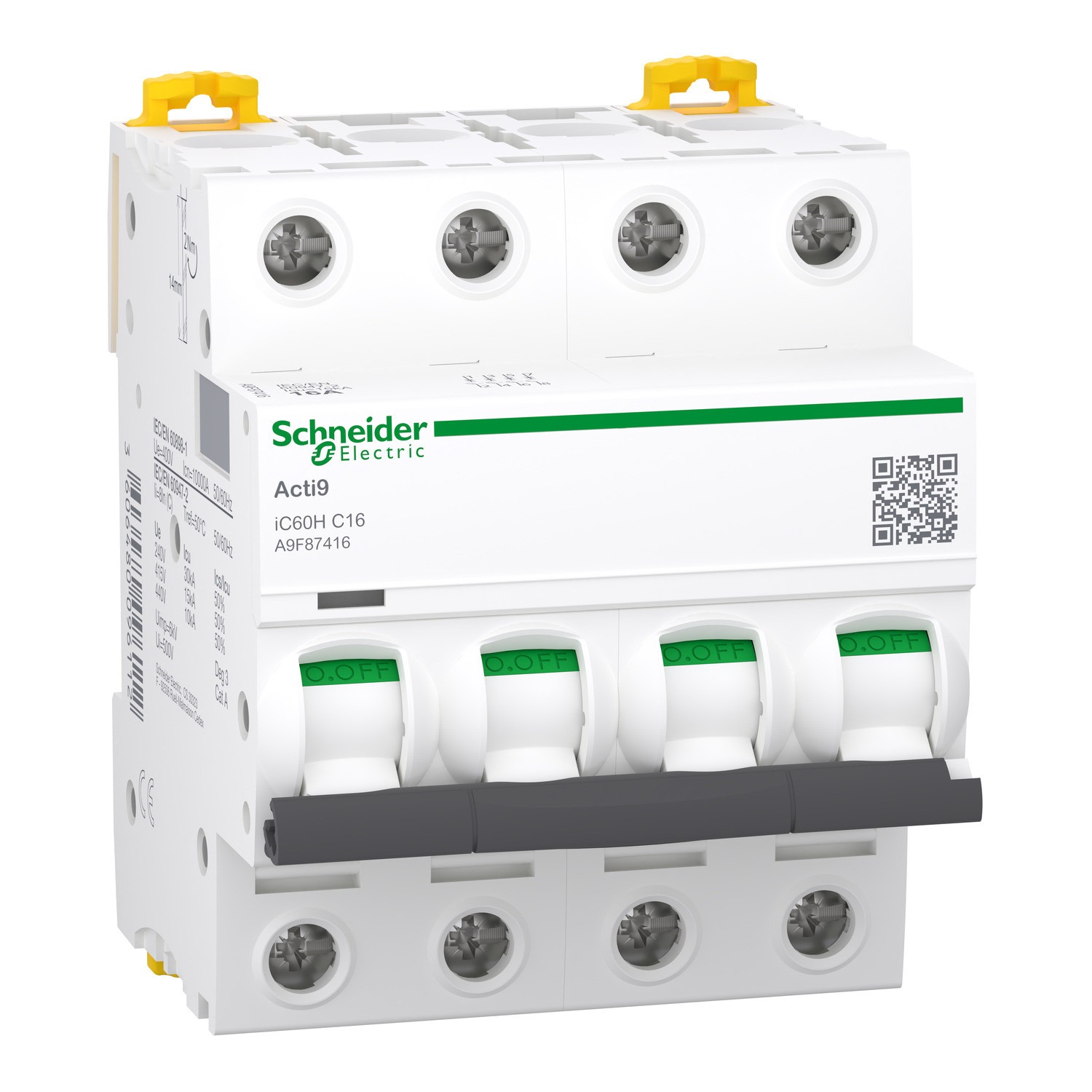 Schneider A9F87416 | Miniature circuit-breaker, Acti9 iC60H, 4P, 16 A, C curve, 10000 A (IEC 60898-1), 15 kA (IEC 60947-2)