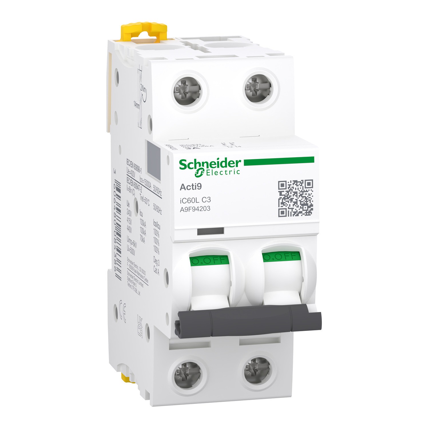 Schneider A9F94203 | Miniature circuit breaker (MCB), Acti9 iC60L, 2P, 3A, C curve, 15000A (IEC/EN 60898-1), 100kA (IEC/EN 60947-2)