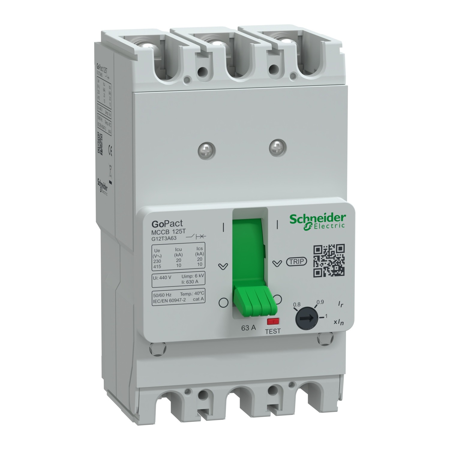 Schneider G12T3A63 | Circuit breaker, GoPact MCCB 125, 3 poles, 10kA at 415VAC, 63A rating, TMD trip unit, adjustable thermal protection
